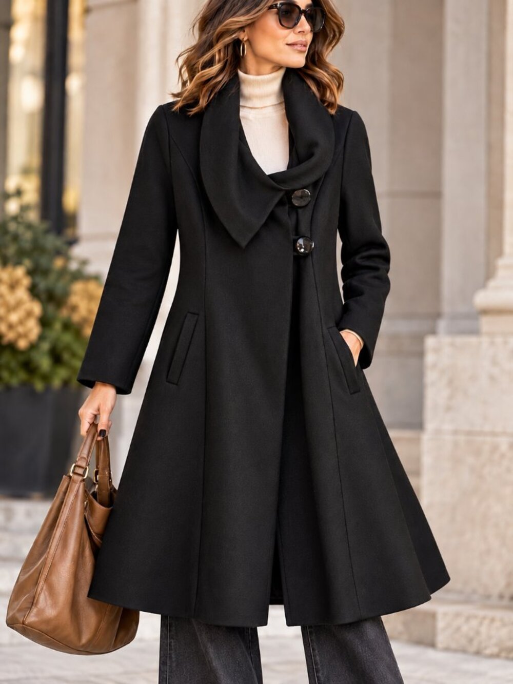 Wool Blend A-Line Swing Coat Black Oversized Shawl Collar M Papillon Lagenlook